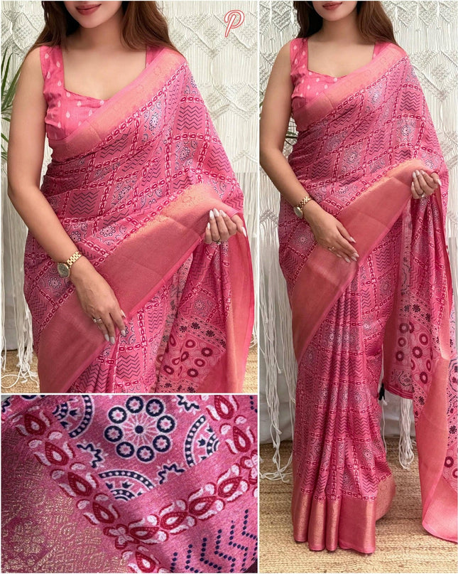 Ajrakh Printed Cotton Saree with Zari Jacquard Border and Tassels - Rosepetals Luxe