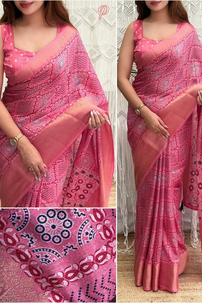 Ajrakh Printed Cotton Saree with Zari Jacquard Border and Tassels - Rosepetals Luxe