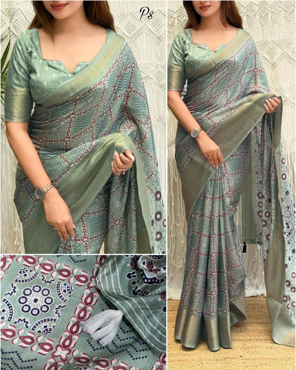 Ajrakh Printed Cotton Saree with Zari Jacquard Border and Tassels - Rosepetals Luxe