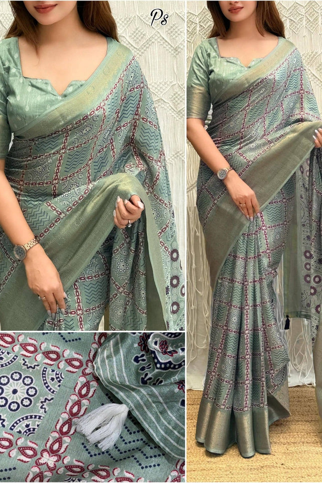 Ajrakh Printed Cotton Saree with Zari Jacquard Border and Tassels - Rosepetals Luxe