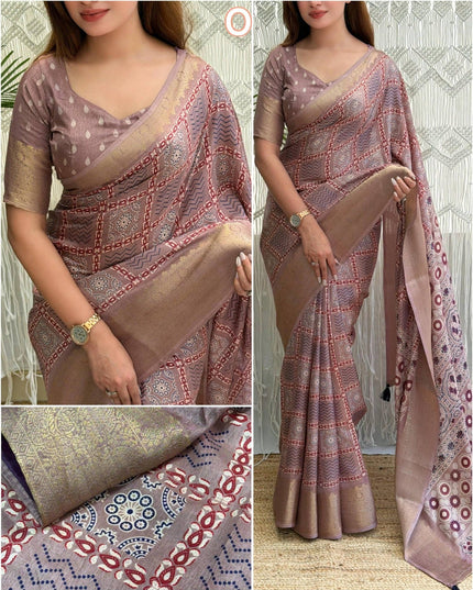 Ajrakh Printed Cotton Saree with Zari Jacquard Border and Tassels - Rosepetals Luxe