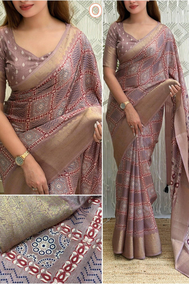 Ajrakh Printed Cotton Saree with Zari Jacquard Border and Tassels - Rosepetals Luxe