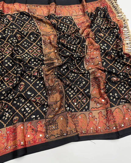 Ajrakh Satin Viscose Silk Saree | Heavy OG Mirror Work | Designer Print & Lace Pallu - Rosepetals Luxe