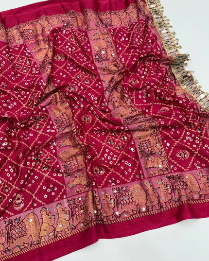 Ajrakh Satin Viscose Silk Saree | Heavy OG Mirror Work | Designer Print & Lace Pallu - Rosepetals Luxe