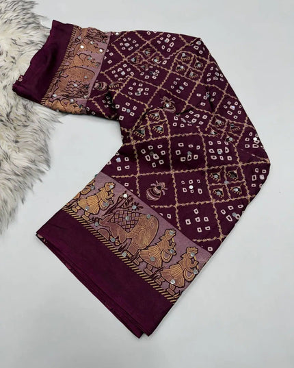 Ajrakh Satin Viscose Silk Saree | Heavy OG Mirror Work | Designer Print & Lace Pallu - Rosepetals Luxe