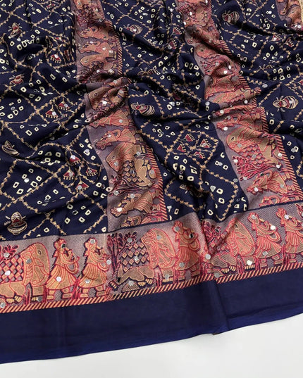 Ajrakh Satin Viscose Silk Saree | Heavy OG Mirror Work | Designer Print & Lace Pallu - Rosepetals Luxe