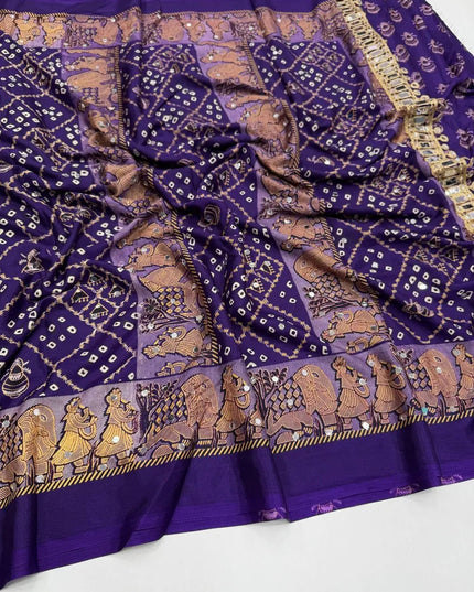Ajrakh Satin Viscose Silk Saree | Heavy OG Mirror Work | Designer Print & Lace Pallu - Rosepetals Luxe