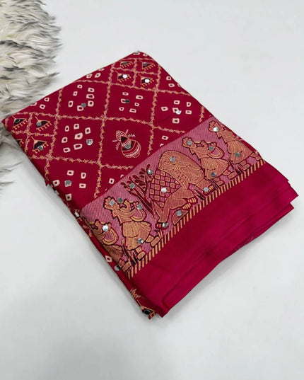 Ajrakh Satin Viscose Silk Saree | Heavy OG Mirror Work | Designer Print & Lace Pallu - Rosepetals Luxe