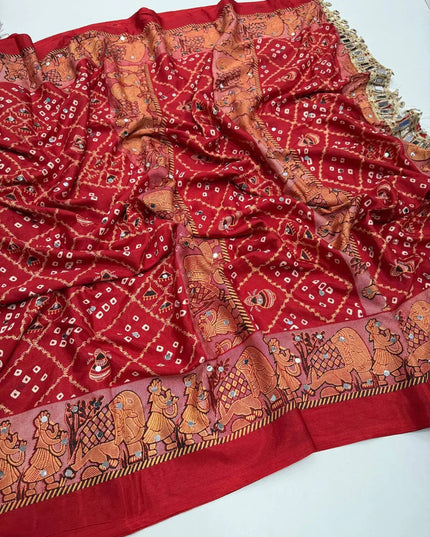 Ajrakh Satin Viscose Silk Saree | Heavy OG Mirror Work | Designer Print & Lace Pallu - Rosepetals Luxe