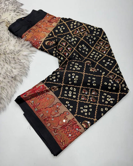 Ajrakh Satin Viscose Silk Saree | Heavy OG Mirror Work | Designer Print & Lace Pallu - Rosepetals Luxe