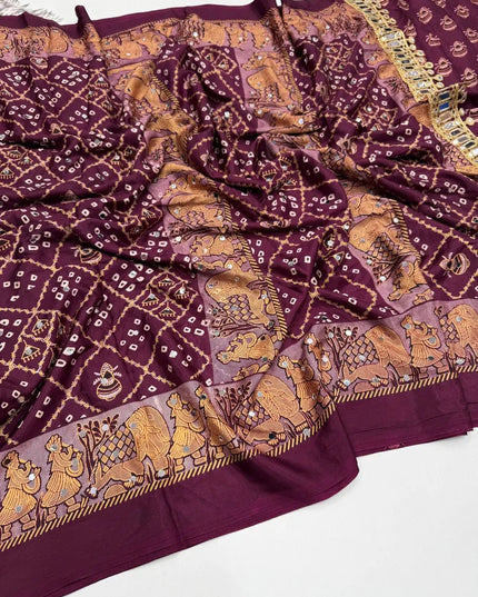 Ajrakh Satin Viscose Silk Saree | Heavy OG Mirror Work | Designer Print & Lace Pallu - Rosepetals Luxe