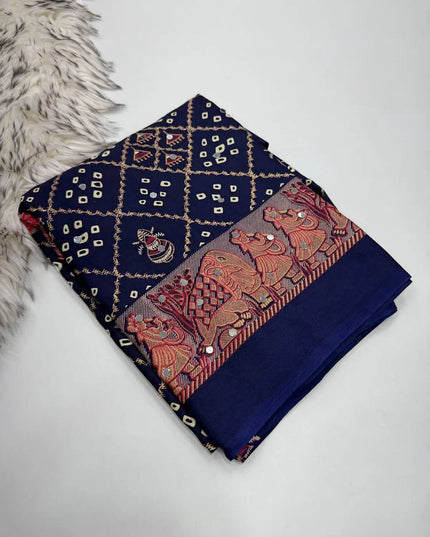 Ajrakh Satin Viscose Silk Saree | Heavy OG Mirror Work | Designer Print & Lace Pallu - Rosepetals Luxe