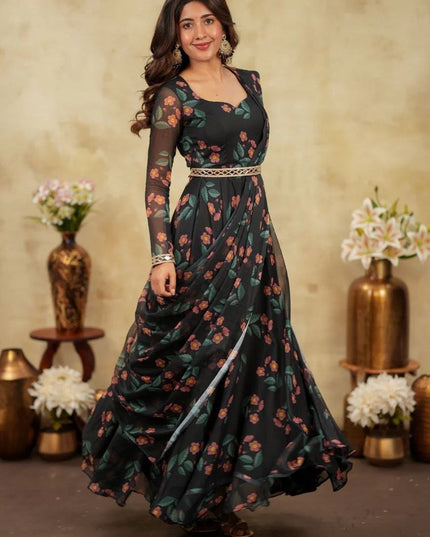Alfino Chiffon Floral Pre-Draped Saree Gown | Mirror Work Belt & 7-Mtr Flare - Rosepetals Luxe