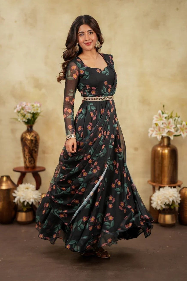 Alfino Chiffon Floral Pre-Draped Saree Gown | Mirror Work Belt & 7-Mtr Flare - Rosepetals Luxe