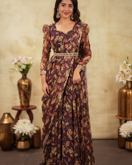 Alfino Chiffon Floral Pre-Draped Saree Gown | Mirror Work Belt & 7-Mtr Flare - Rosepetals Luxe