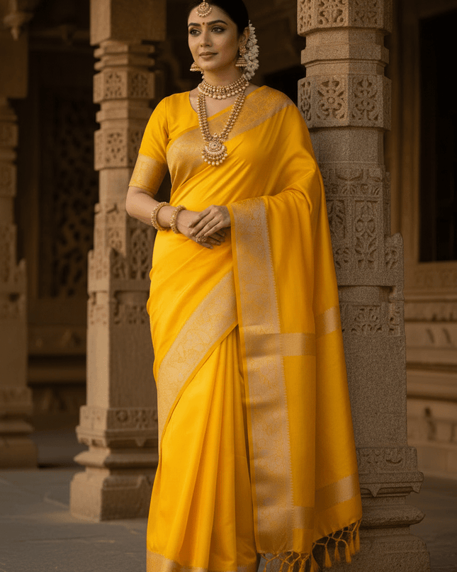 Alluring Banarsi Satin Luxe Silk Saree With Running Blouse & Pallu - Rosepetals Luxe
