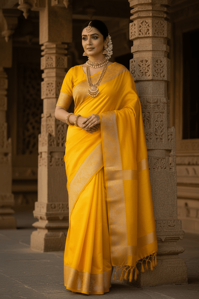 Alluring Banarsi Satin Luxe Silk Saree With Running Blouse & Pallu - Rosepetals Luxe