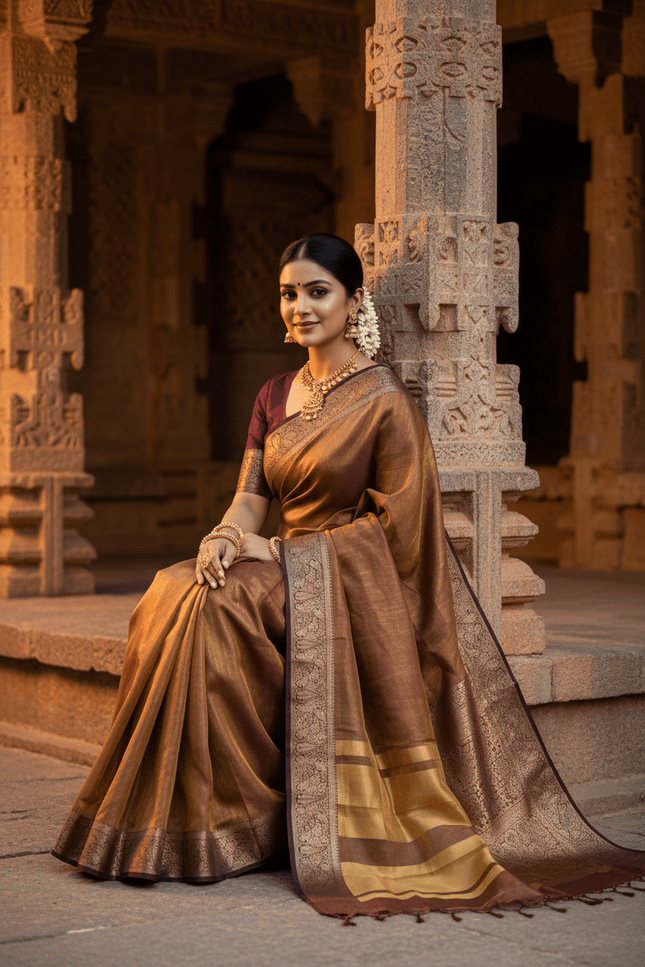 Alluring Banarsi Satin Luxe Silk Saree With Running Blouse & Pallu - Rosepetals Luxe