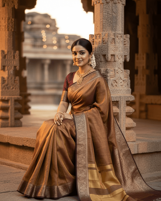 Alluring Banarsi Satin Luxe Silk Saree With Running Blouse & Pallu - Rosepetals Luxe