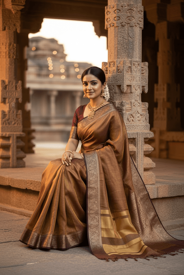 Alluring Banarsi Satin Luxe Silk Saree With Running Blouse & Pallu - Rosepetals Luxe