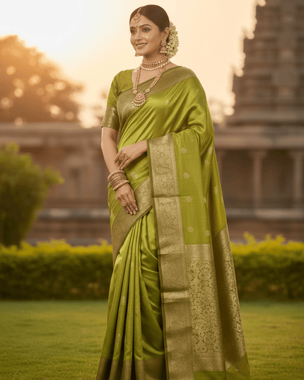 Alluring Banarsi Satin Luxe Silk Saree With Running Blouse & Pallu - Rosepetals Luxe