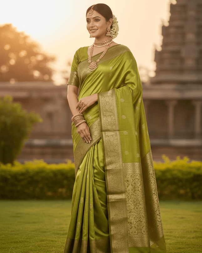 Alluring Banarsi Satin Luxe Silk Saree With Running Blouse & Pallu - Rosepetals Luxe
