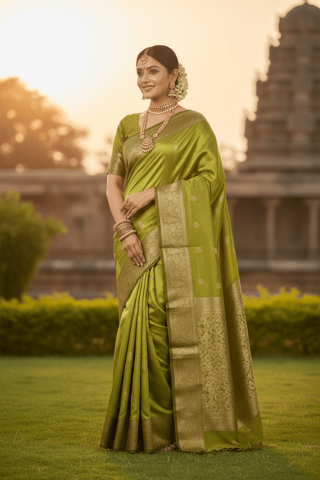 Alluring Banarsi Satin Luxe Silk Saree With Running Blouse & Pallu - Rosepetals Luxe