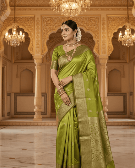 Alluring Banarsi Satin Luxe Silk Saree With Running Blouse & Pallu - Rosepetals Luxe