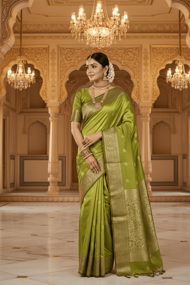 Alluring Banarsi Satin Luxe Silk Saree With Running Blouse & Pallu - Rosepetals Luxe