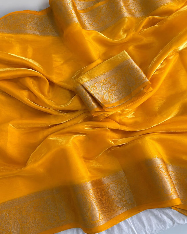 Alluring Banarsi Satin Luxe Silk Saree With Running Blouse & Pallu - Rosepetals Luxe