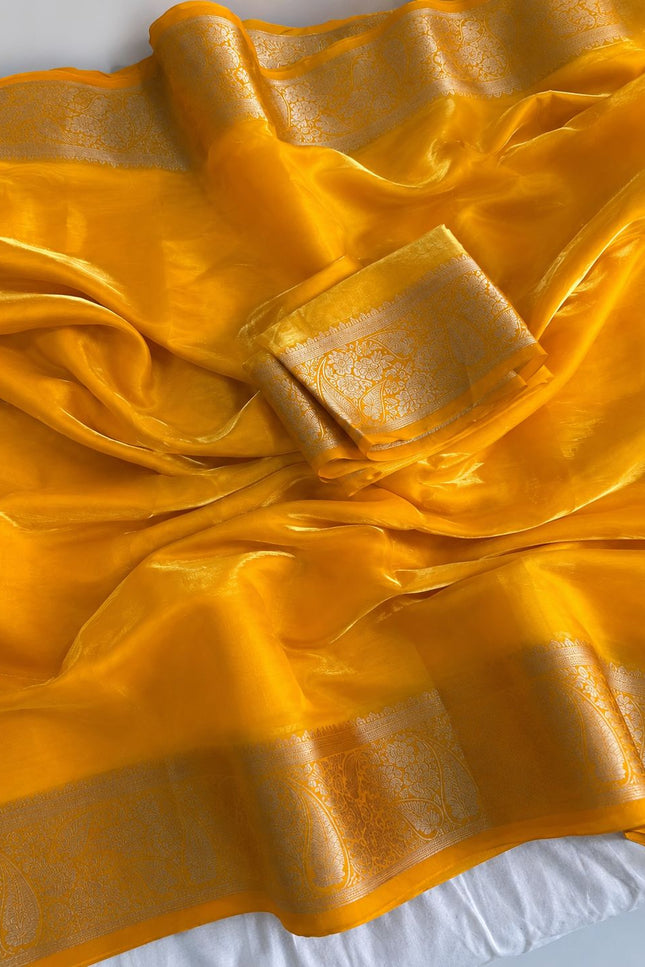 Alluring Banarsi Satin Luxe Silk Saree With Running Blouse & Pallu - Rosepetals Luxe
