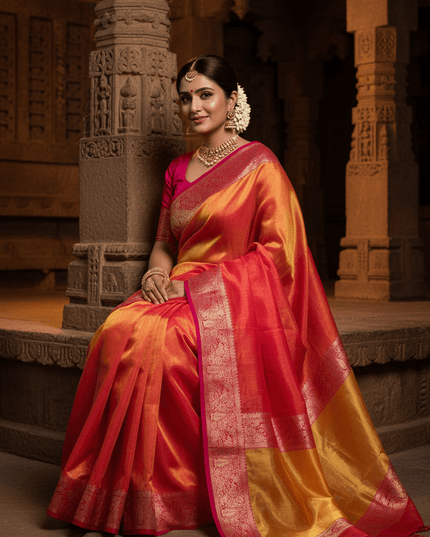 Alluring Banarsi Satin Luxe Silk Saree With Running Blouse & Pallu - Rosepetals Luxe