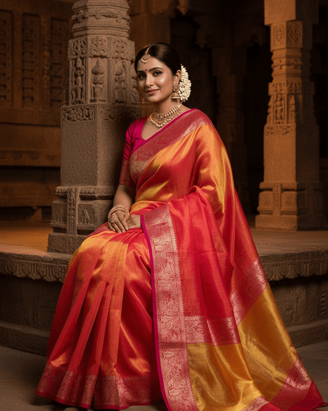 Alluring Banarsi Satin Luxe Silk Saree With Running Blouse & Pallu - Rosepetals Luxe