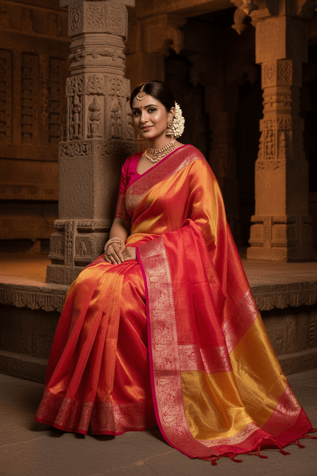 Alluring Banarsi Satin Luxe Silk Saree With Running Blouse & Pallu - Rosepetals Luxe