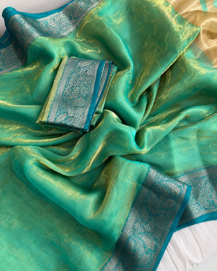 Alluring Banarsi Satin Luxe Silk Saree With Running Blouse & Pallu - Rosepetals Luxe