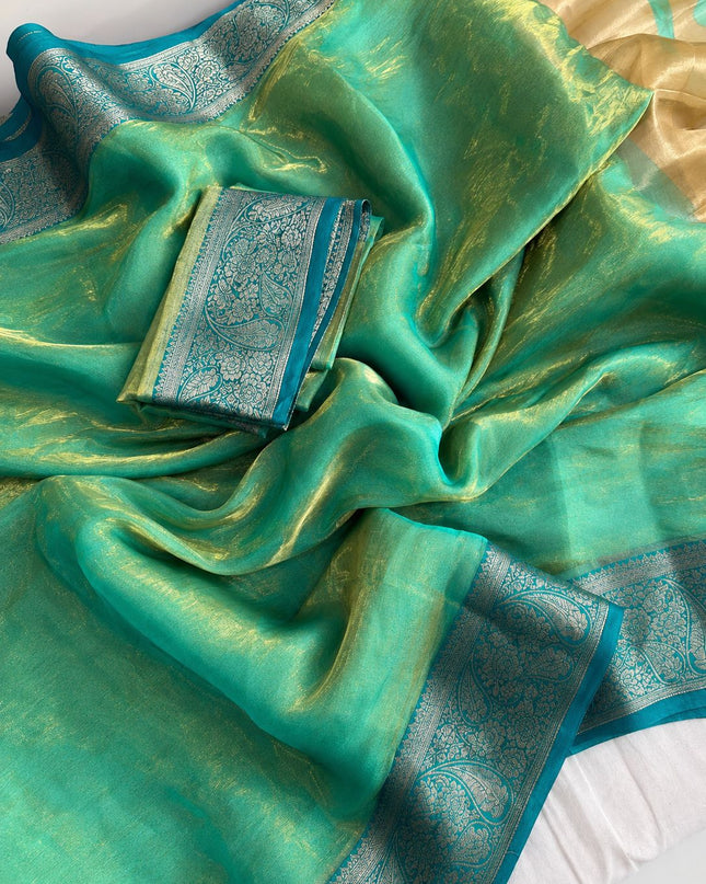 Alluring Banarsi Satin Luxe Silk Saree With Running Blouse & Pallu - Rosepetals Luxe