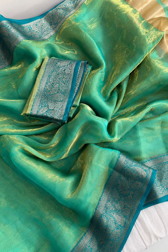 Alluring Banarsi Satin Luxe Silk Saree With Running Blouse & Pallu - Rosepetals Luxe