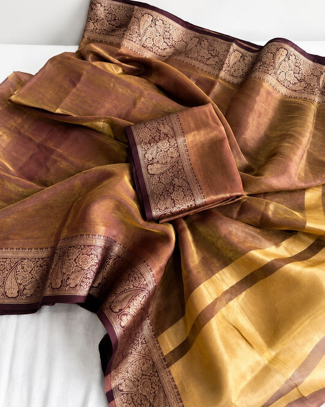 Alluring Banarsi Satin Luxe Silk Saree With Running Blouse & Pallu - Rosepetals Luxe