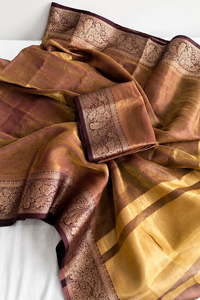 Alluring Banarsi Satin Luxe Silk Saree With Running Blouse & Pallu - Rosepetals Luxe