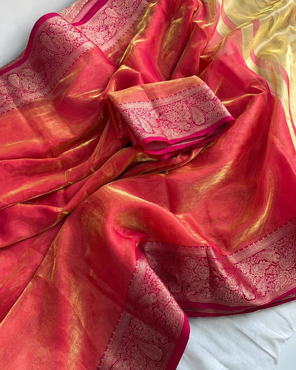 Alluring Banarsi Satin Luxe Silk Saree With Running Blouse & Pallu - Rosepetals Luxe