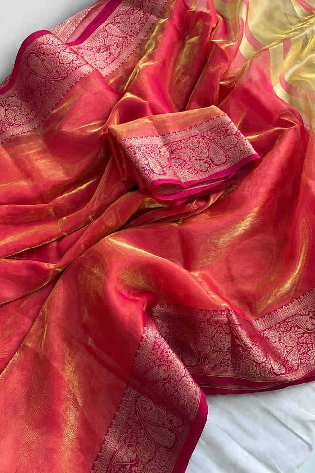 Alluring Banarsi Satin Luxe Silk Saree With Running Blouse & Pallu - Rosepetals Luxe