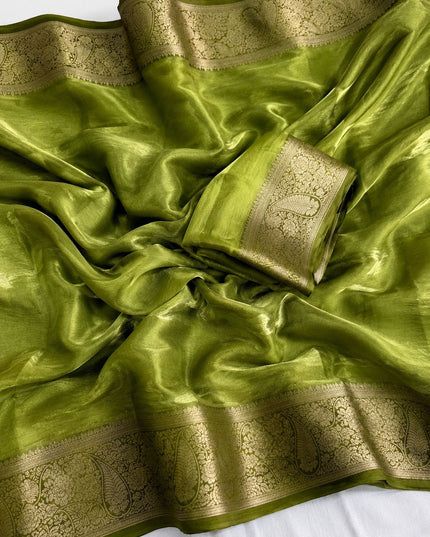 Alluring Banarsi Satin Luxe Silk Saree With Running Blouse & Pallu - Rosepetals Luxe