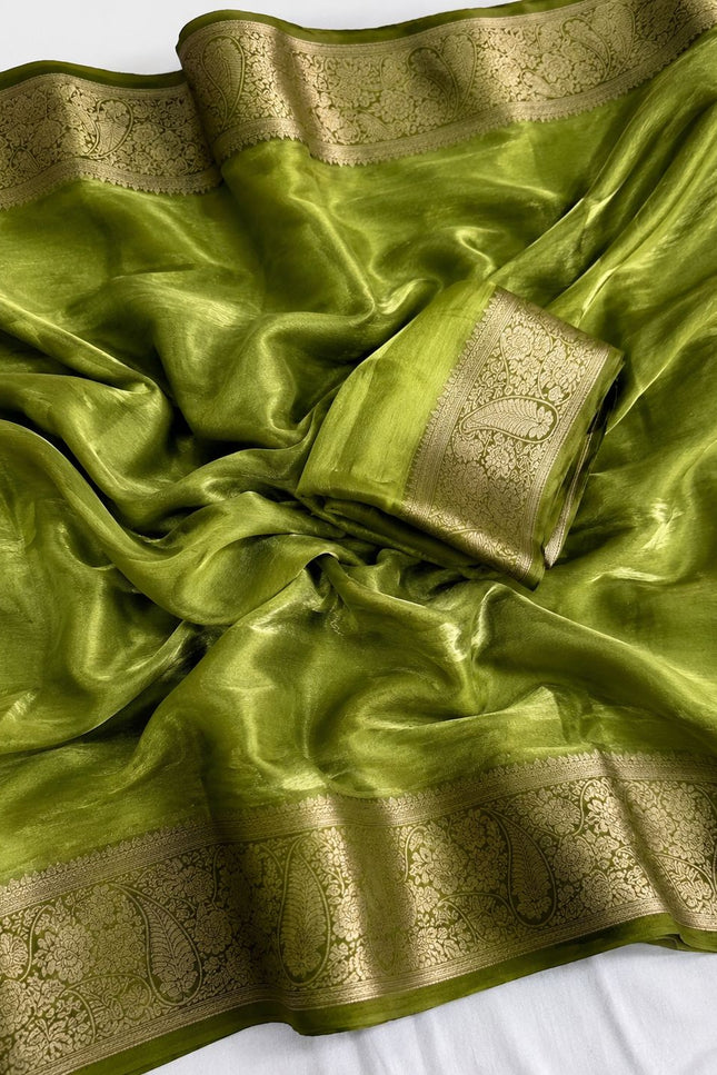 Alluring Banarsi Satin Luxe Silk Saree With Running Blouse & Pallu - Rosepetals Luxe