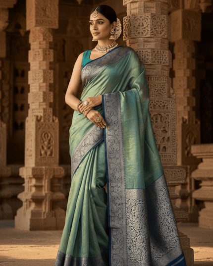 Alluring Banarsi Satin Luxe Silk Saree With Running Blouse & Pallu - Rosepetals Luxe