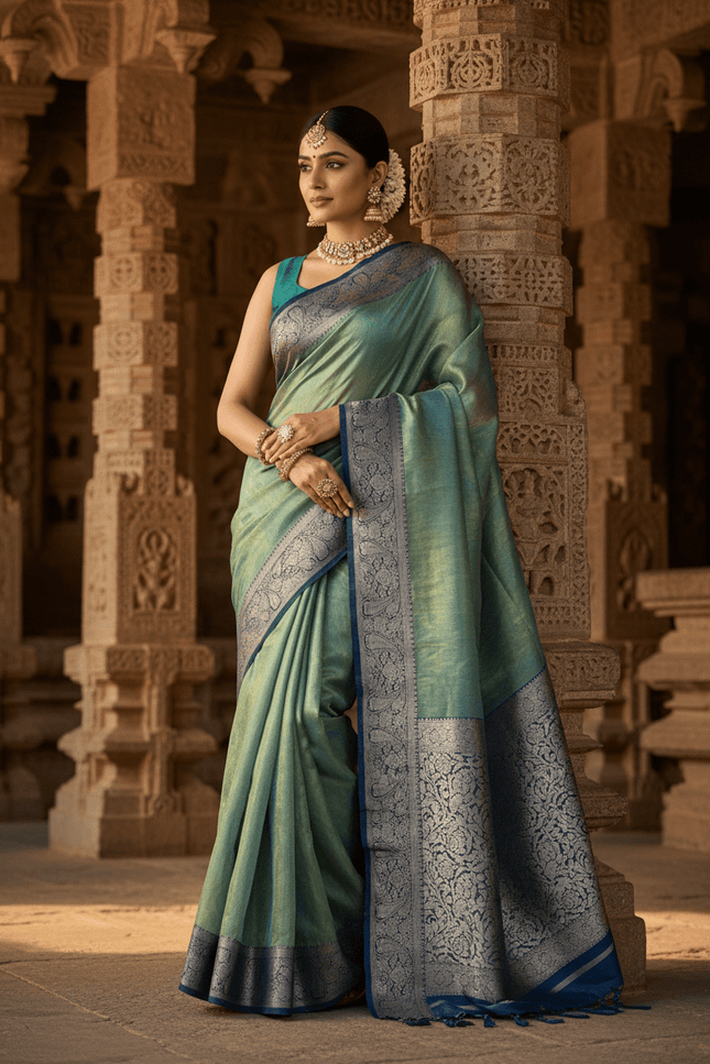 Alluring Banarsi Satin Luxe Silk Saree With Running Blouse & Pallu - Rosepetals Luxe