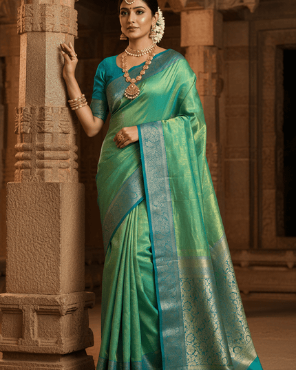 Alluring Banarsi Satin Luxe Silk Saree With Running Blouse & Pallu - Rosepetals Luxe