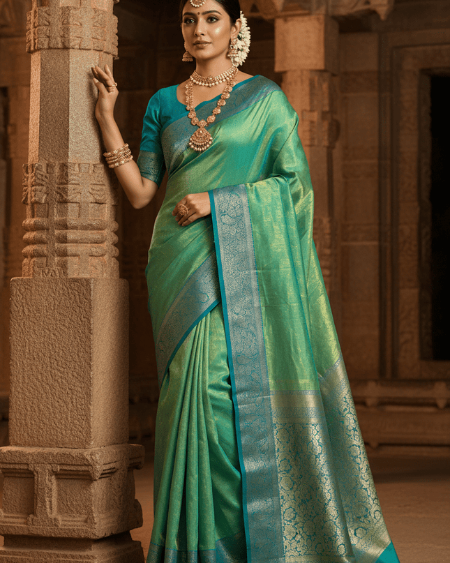 Alluring Banarsi Satin Luxe Silk Saree With Running Blouse & Pallu - Rosepetals Luxe