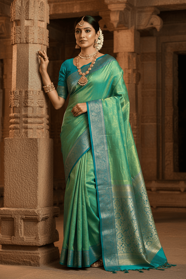 Alluring Banarsi Satin Luxe Silk Saree With Running Blouse & Pallu - Rosepetals Luxe