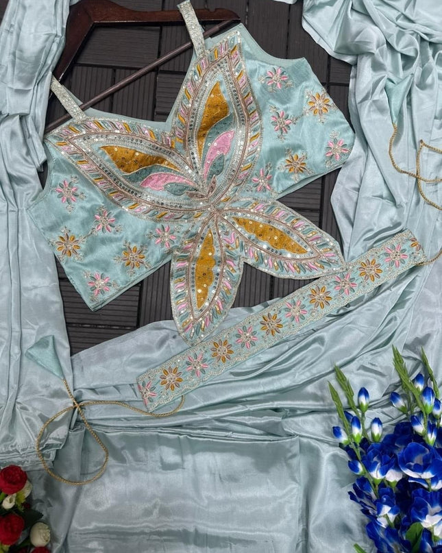 Alluring Crepe Ready-to-Wear Saree | Embroidery Belt with Bangalore Silk Blouse - Rosepetals Luxe