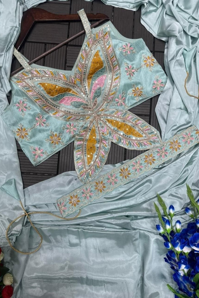 Alluring Crepe Ready-to-Wear Saree | Embroidery Belt with Bangalore Silk Blouse - Rosepetals Luxe